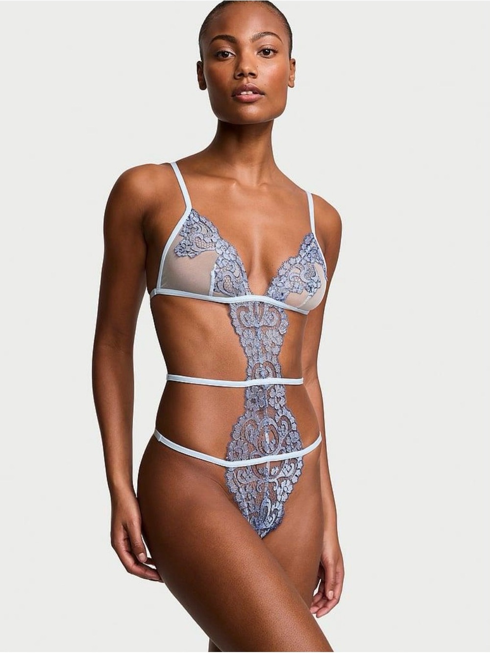 Victoria's Secret Light Blue Lace Strappy Teddy Bodysuit